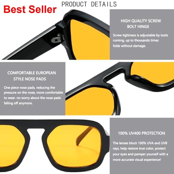 Square Aviator Sunglasses UV400 Protection Lightweight Acetate Frame - Picture 4 of 7